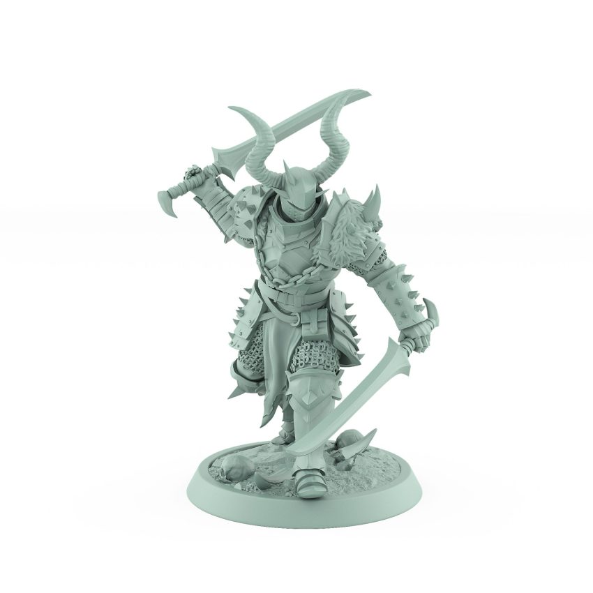 human warrior miniature charging with dual axes wearing horned armor from the unchained collection