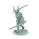 human warrior miniature charging with dual axes wearing horned armor from the unchained collection
