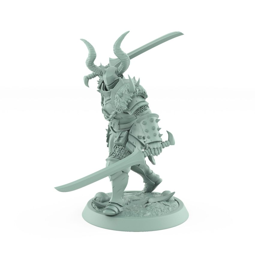 human warrior miniature charging with dual axes wearing horned armor from the unchained collection