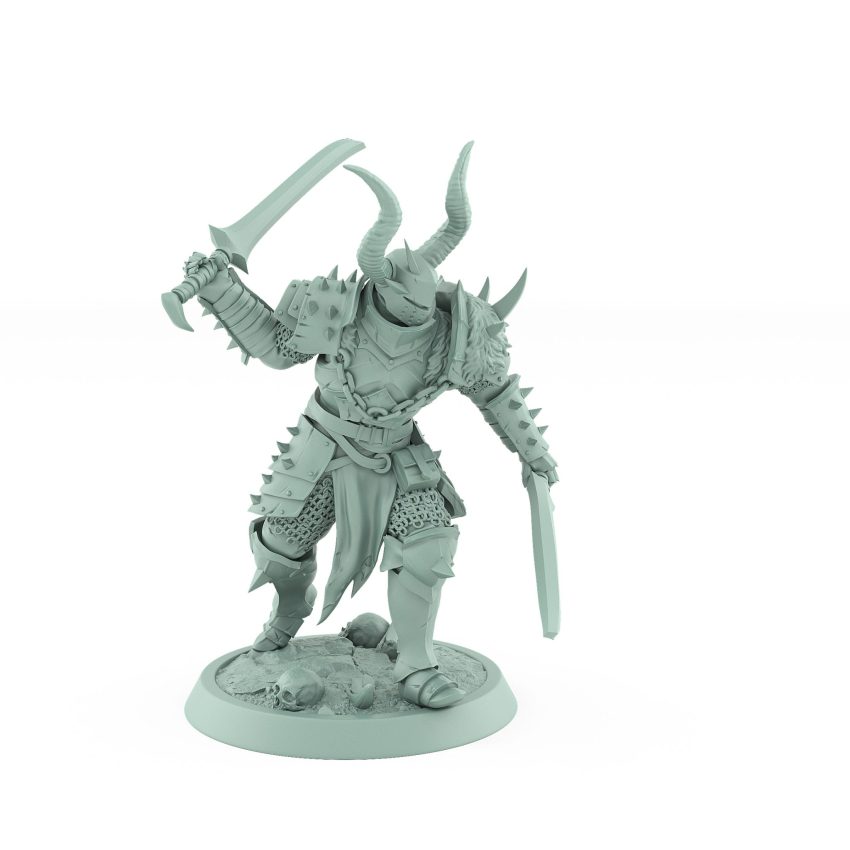 human warrior miniature charging with dual axes wearing horned armor from the unchained collection