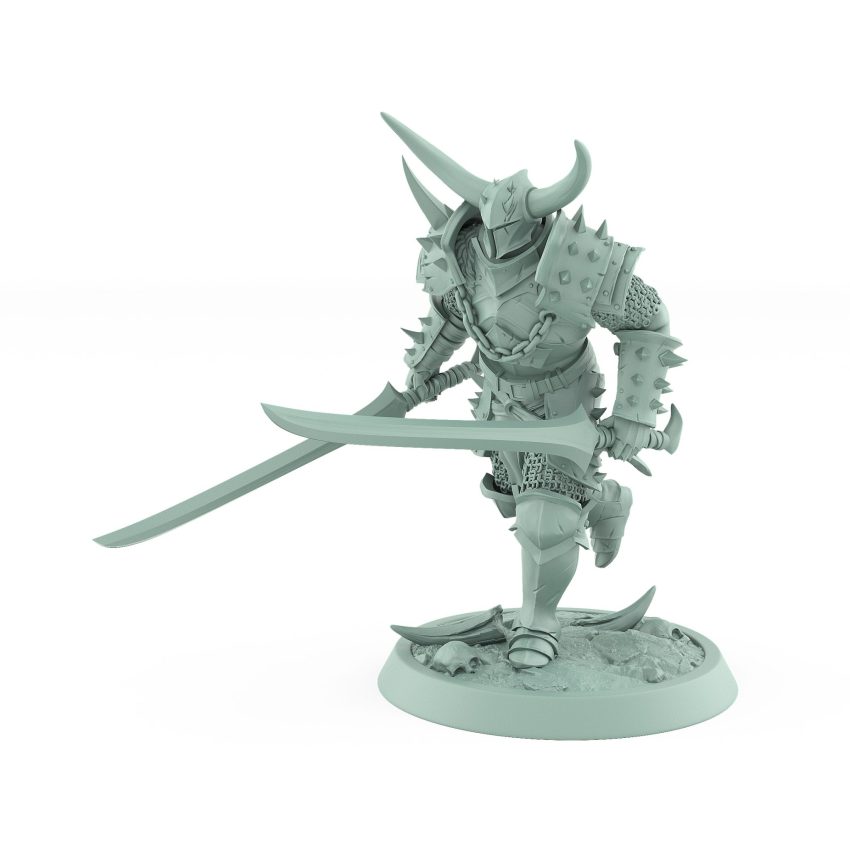 human warrior in spiked armor running with two swords drawn from the unchained collection