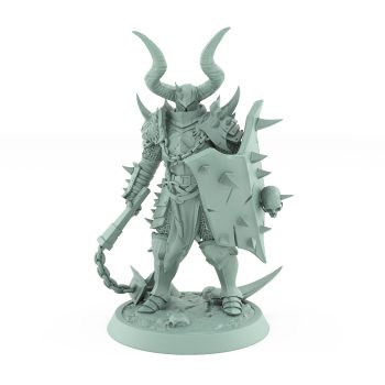 light armored human warrior miniature with spiked flail and horned helmet shield from unchained collection
