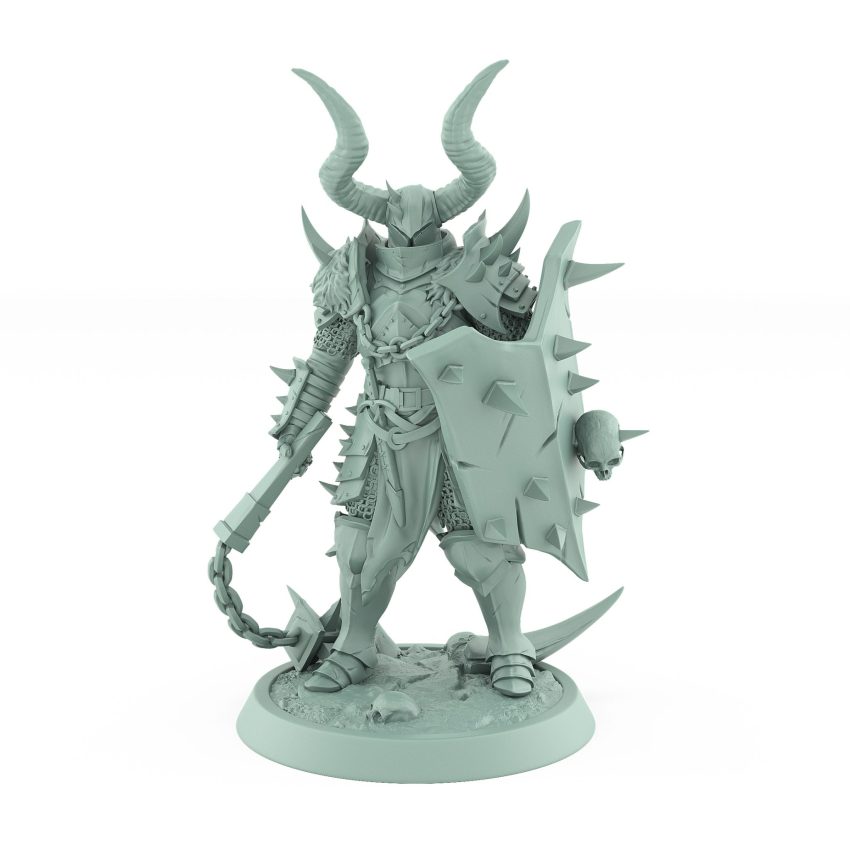 light armored human warrior miniature with spiked flail and horned helmet shield from unchained collection