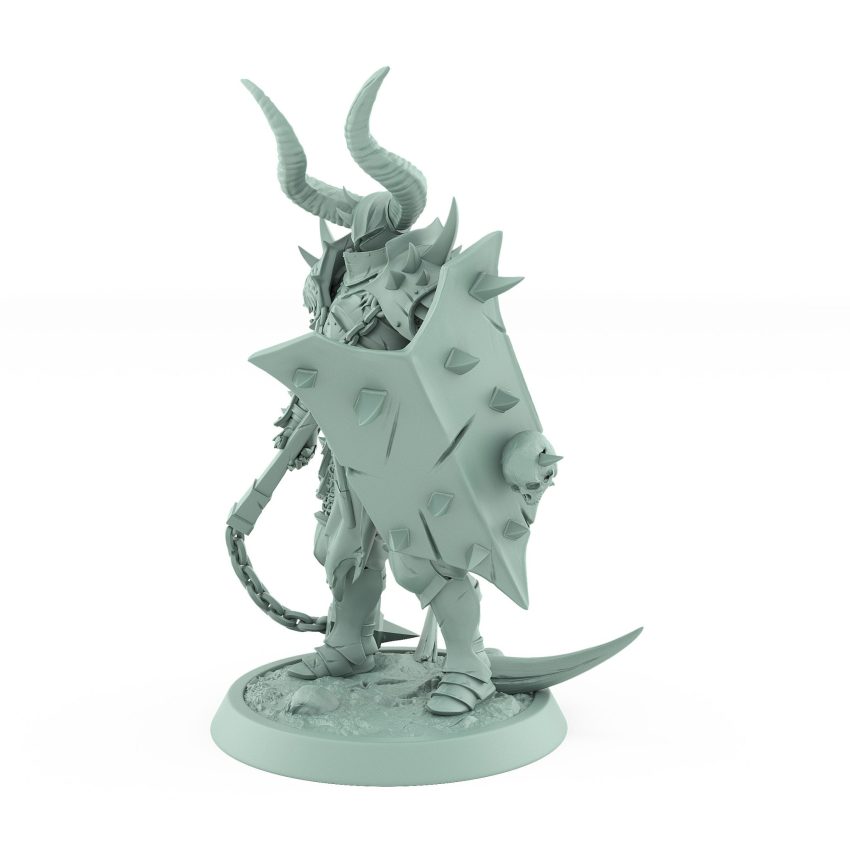 light armored human warrior miniature with spiked flail and horned helmet shield from unchained collection
