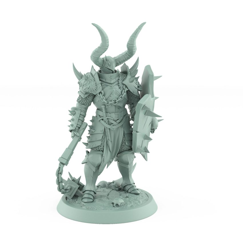 light armored human warrior miniature with spiked flail and horned helmet shield from unchained collection