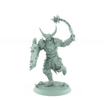 light armored chaos warrior with flail running mid charge from unchained collection