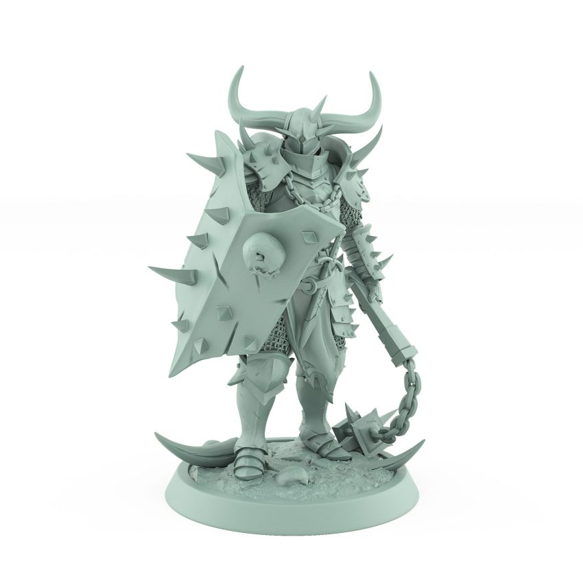 standing armored chaos warrior holding flail and spiked shield from unchained collection