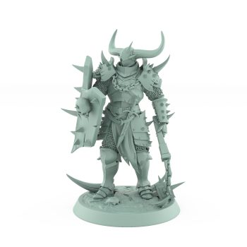 standing armored chaos warrior holding flail and spiked shield from unchained collection