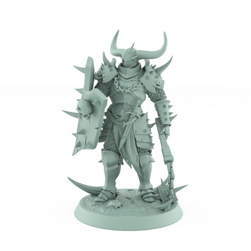 standing armored chaos warrior holding flail and spiked shield from unchained collection