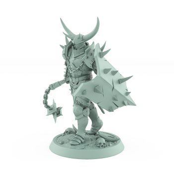 armored dark fantasy human walking with spiked shield and flail from unchained collection