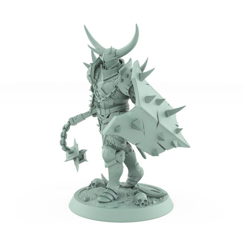 armored dark fantasy human walking with spiked shield and flail from unchained collection