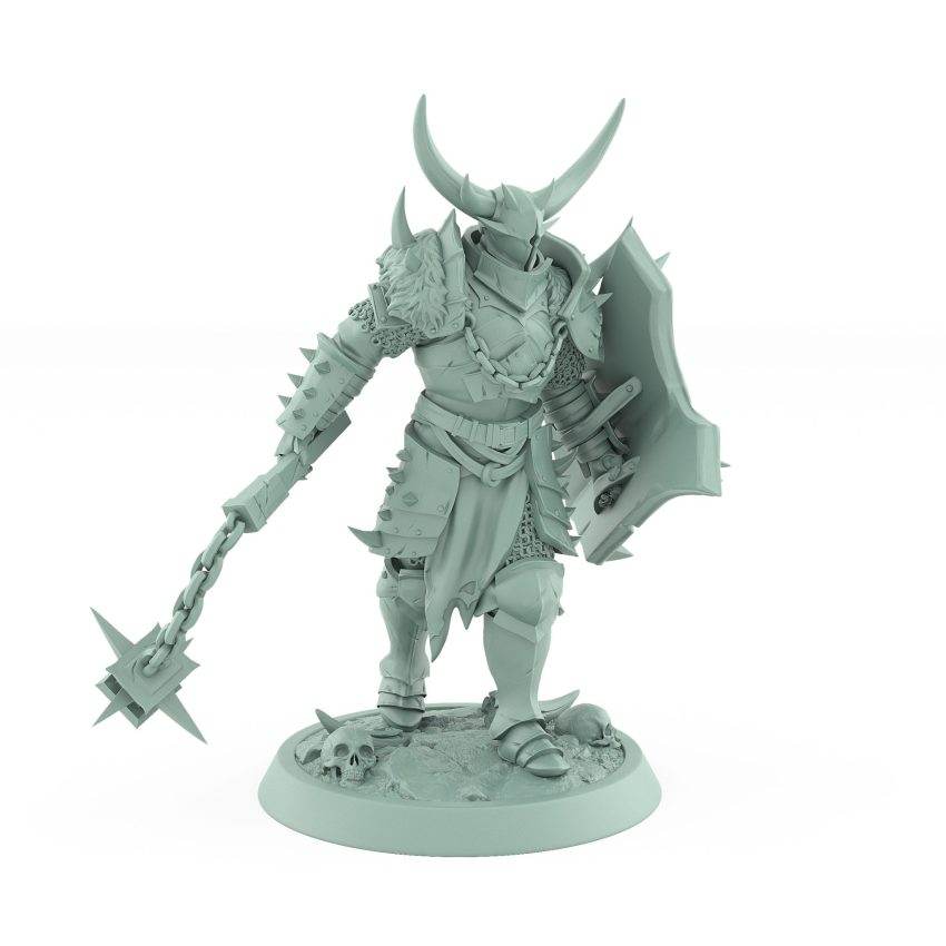 armored dark fantasy human walking with spiked shield and flail from unchained collection