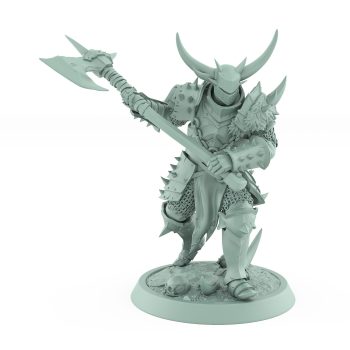 armored human miniature in mid-swing with great axe from unchained collection