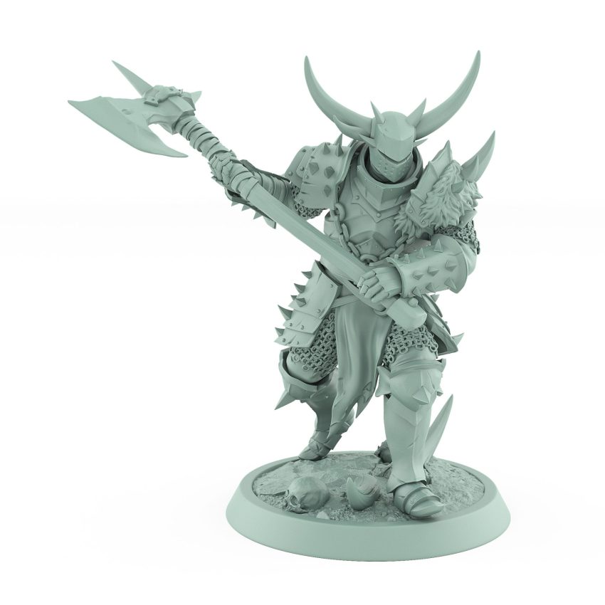 armored human miniature in mid-swing with great axe from unchained collection