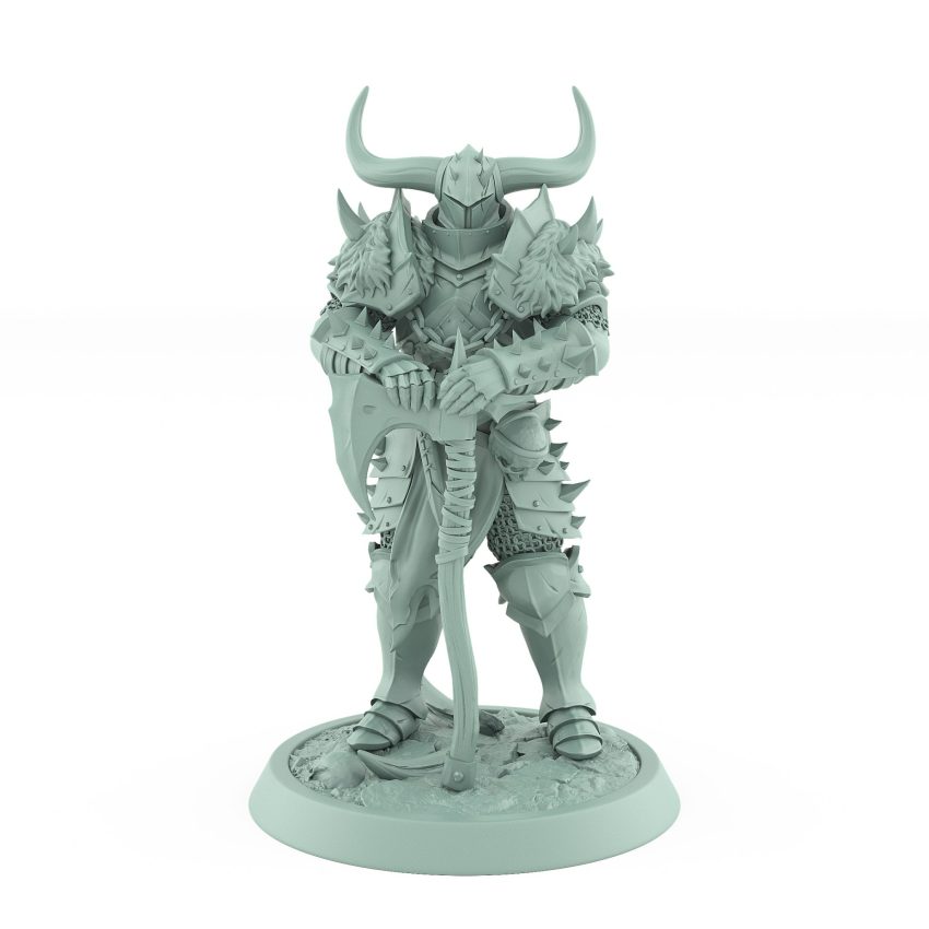grim armored human warrior miniature resting on great axe from unchained collection