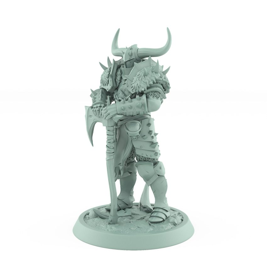 grim armored human warrior miniature resting on great axe from unchained collection