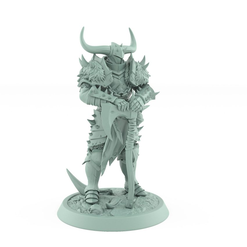 grim armored human warrior miniature resting on great axe from unchained collection