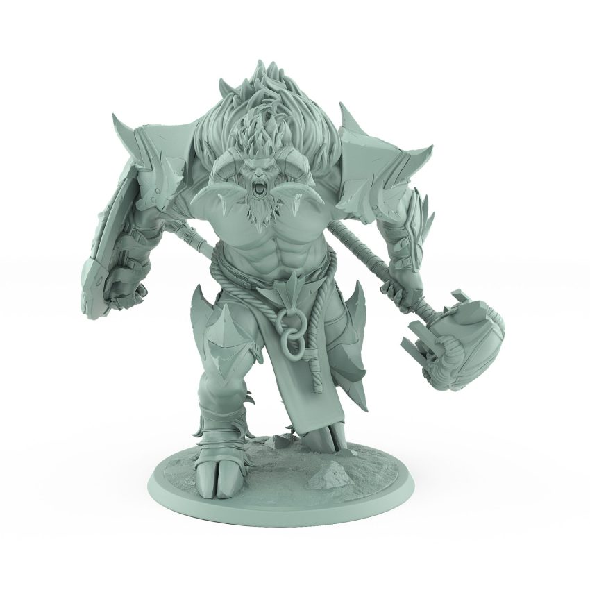 detailed fantasy minotaur miniature roaring in rage while holding a giant hammer in armored hand