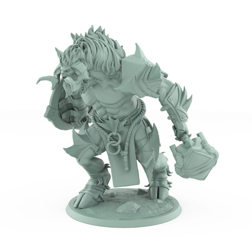 detailed fantasy minotaur miniature roaring in rage while holding a giant hammer in armored hand