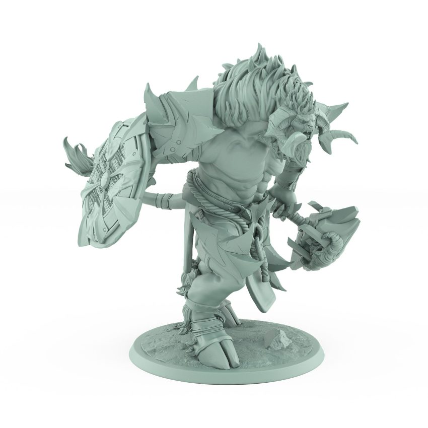 detailed fantasy minotaur miniature roaring in rage while holding a giant hammer in armored hand