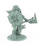 armored minotaur miniature holding a heavy axe and shield in defensive stance on rocky base