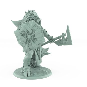 armored minotaur miniature holding a heavy axe and shield in defensive stance on rocky base