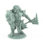armored minotaur miniature holding a heavy axe and shield in defensive stance on rocky base