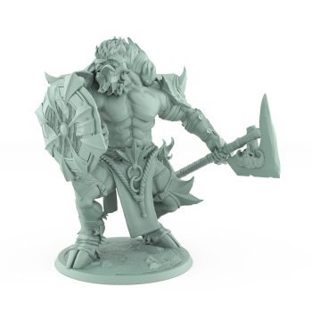 armored minotaur miniature holding a heavy axe and shield in defensive stance on rocky base