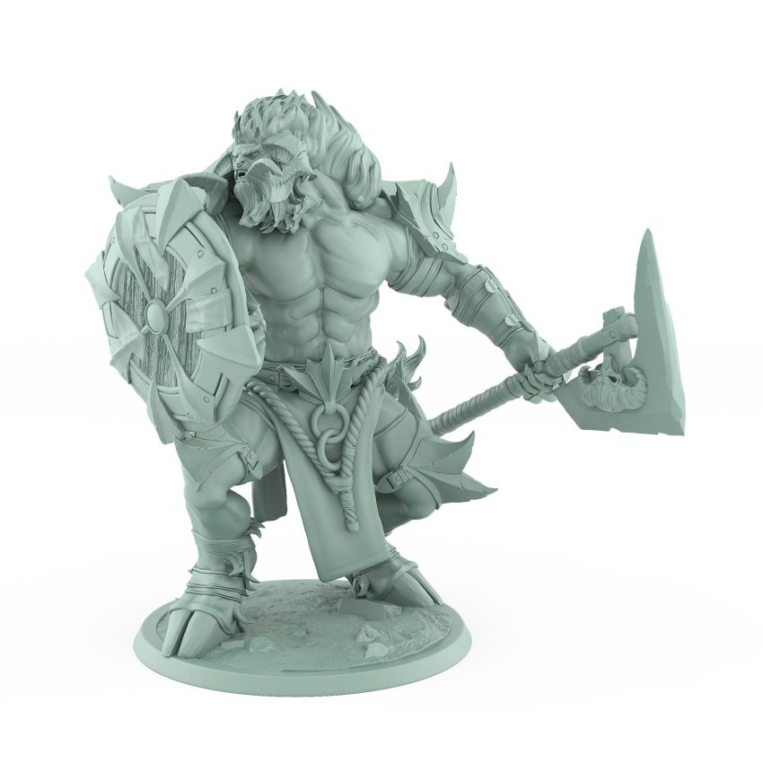 armored minotaur miniature holding a heavy axe and shield in defensive stance on rocky base