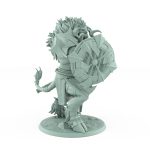 armored minotaur miniature holding a heavy axe and shield in defensive stance on rocky base