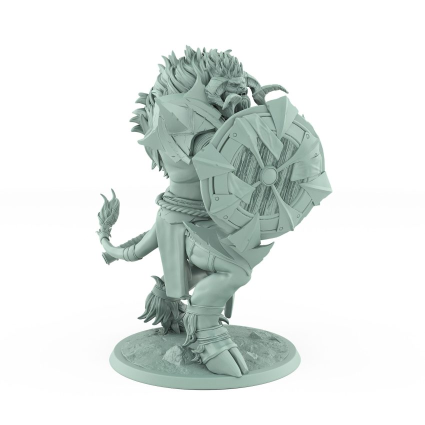 armored minotaur miniature holding a heavy axe and shield in defensive stance on rocky base