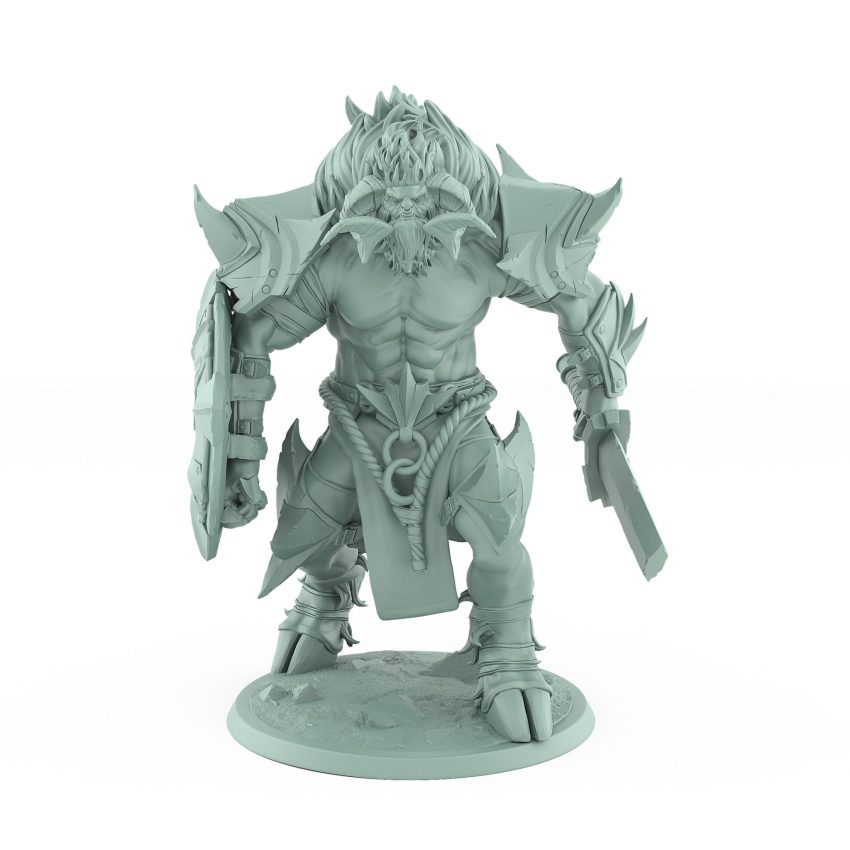 aggressive minotaur fantasy miniature walking forward with cleaver weapon and shield from the Unchained Collection