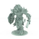 aggressive minotaur fantasy miniature walking forward with cleaver weapon and shield from the Unchained Collection