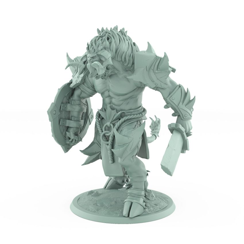 aggressive minotaur fantasy miniature walking forward with cleaver weapon and shield from the Unchained Collection