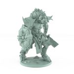 aggressive minotaur fantasy miniature walking forward with cleaver weapon and shield from the Unchained Collection