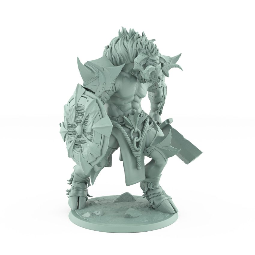 aggressive minotaur fantasy miniature walking forward with cleaver weapon and shield from the Unchained Collection