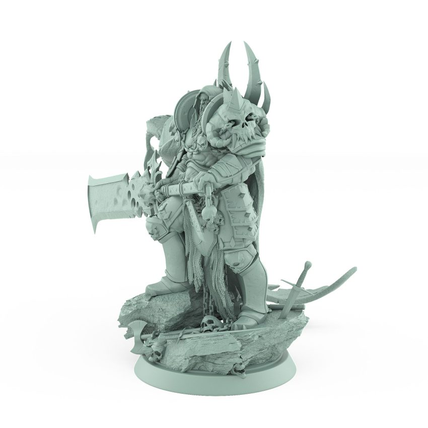 standing chaos warlord miniature in spiked armor holding cleaver sword atop battlefield base from unchained collection