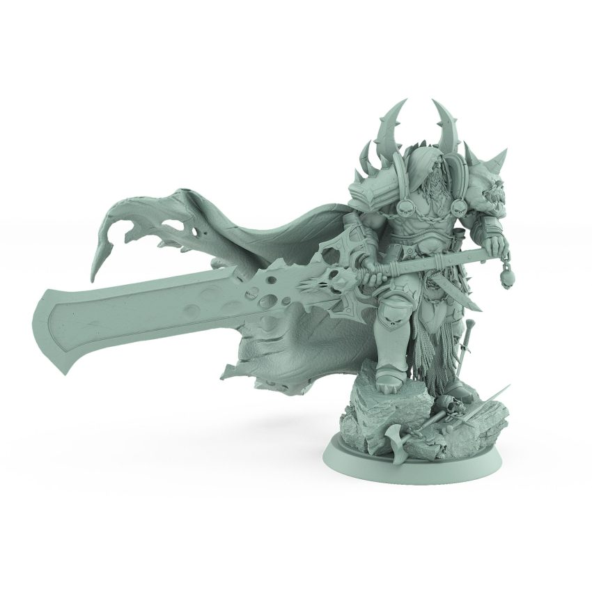 standing chaos warlord miniature in spiked armor holding cleaver sword atop battlefield base from unchained collection