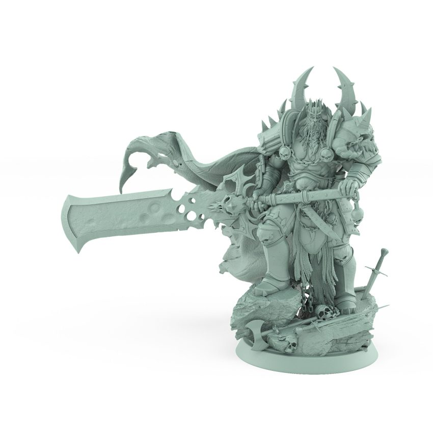 fantasy miniature of armored human warlord with greataxe and skull helm from unchained collection