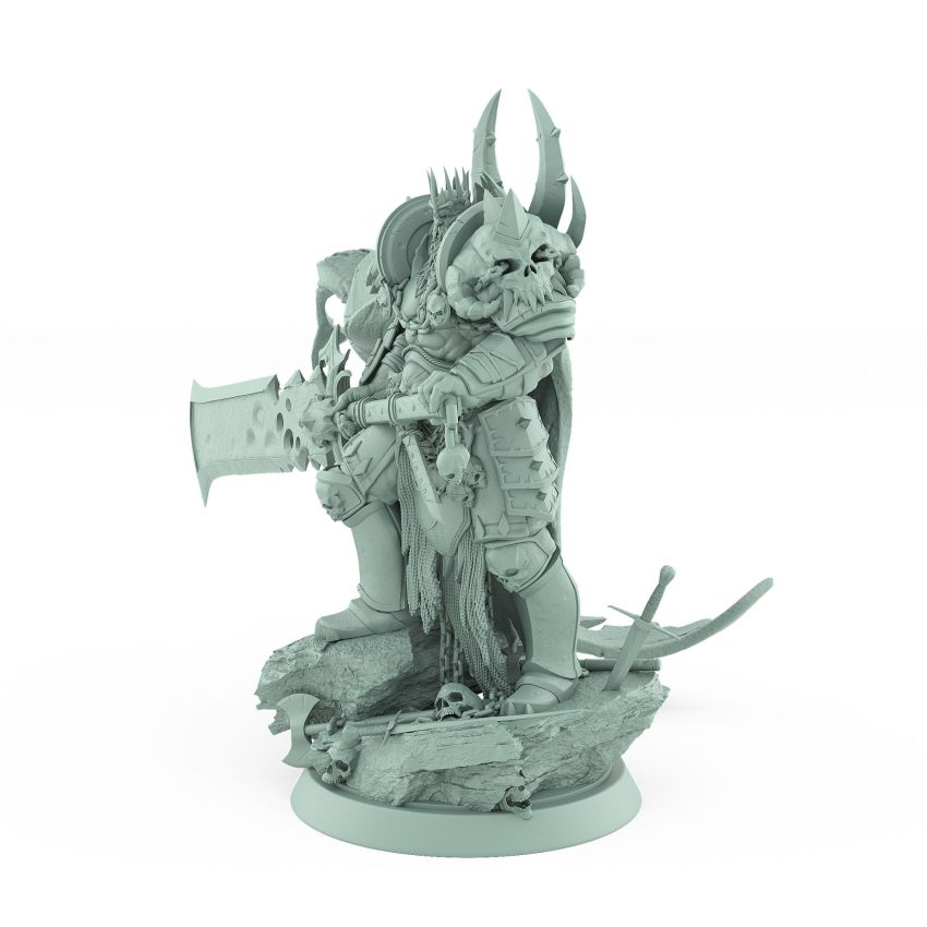 fantasy miniature of armored human warlord with greataxe and skull helm from unchained collection