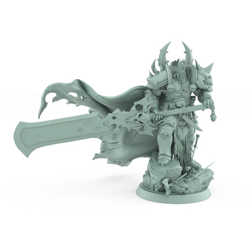 fantasy miniature of armored human warlord with greataxe and skull helm from unchained collection