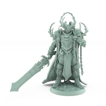 fantasy miniature of armored warlord heir with jagged sword and outstretched hand from the Unchained Collection