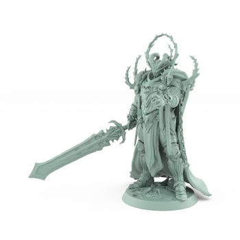 fantasy miniature of armored warlord heir with jagged sword and outstretched hand from the Unchained Collection