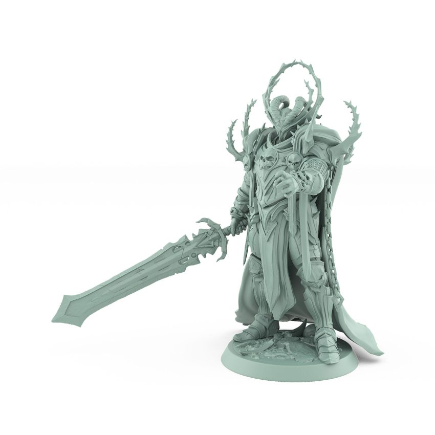 fantasy miniature of armored warlord heir with jagged sword and outstretched hand from the Unchained Collection
