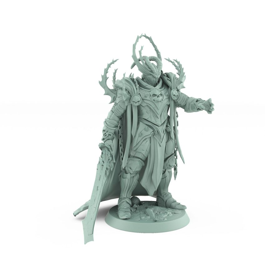 fantasy miniature of armored warlord heir with jagged sword and outstretched hand from the Unchained Collection