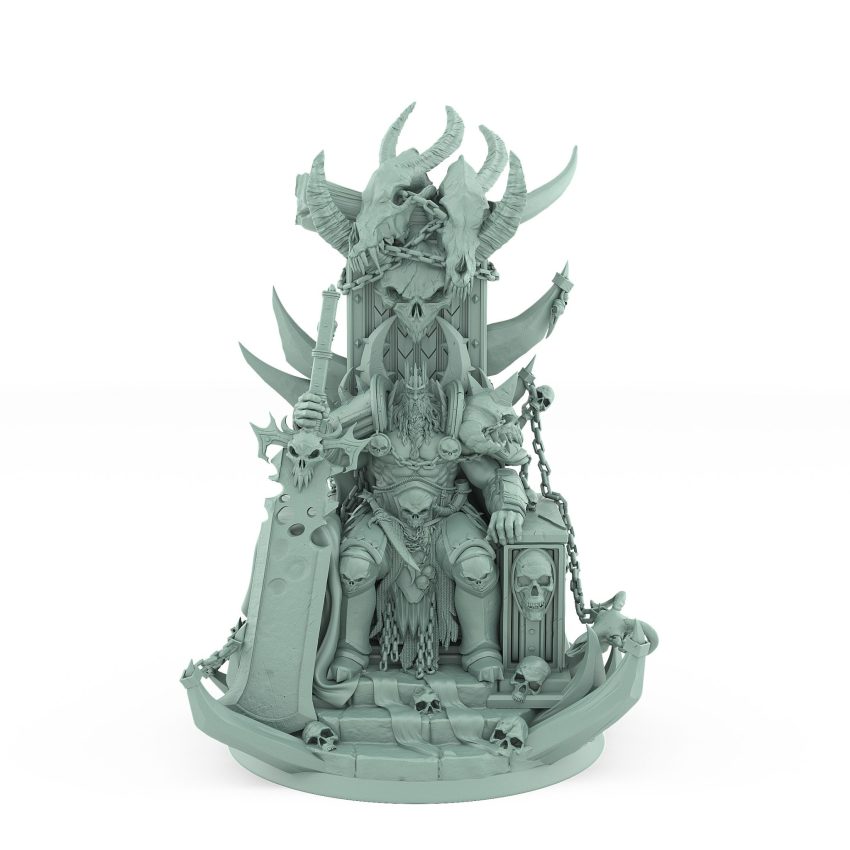 dark fantasy miniature of male warlord seated on a skull throne with greataxe from unchained collection