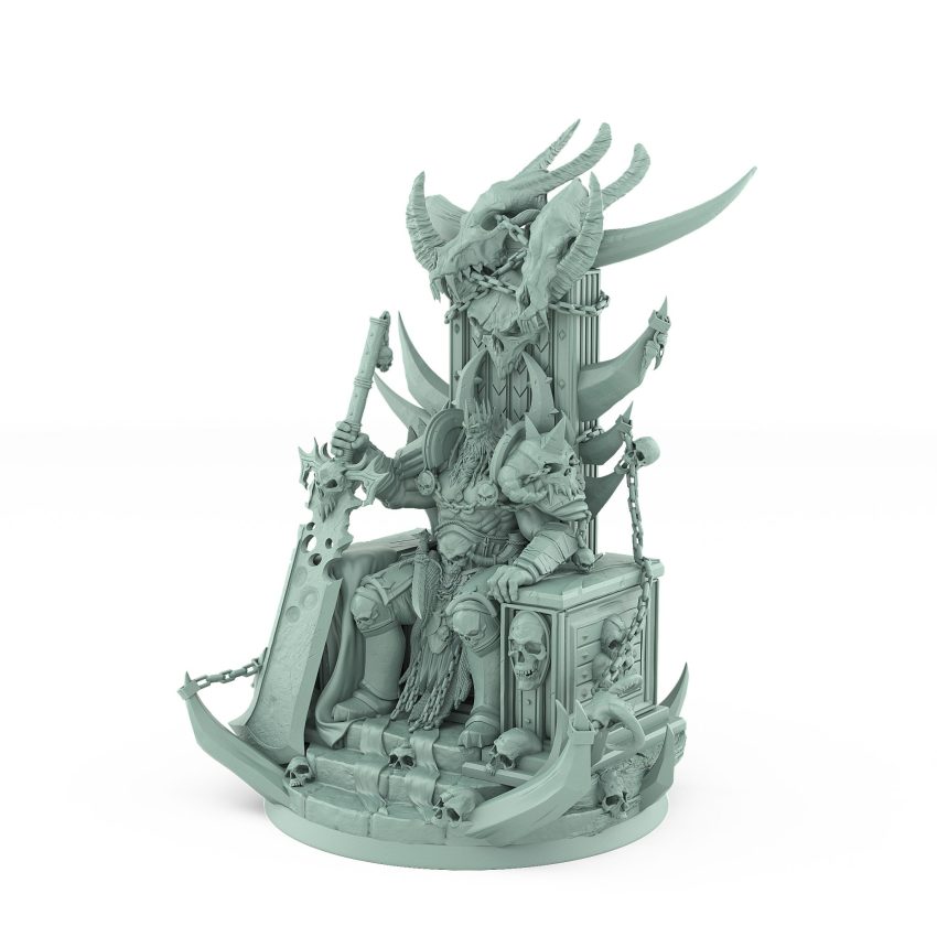 dark fantasy miniature of male warlord seated on a skull throne with greataxe from unchained collection