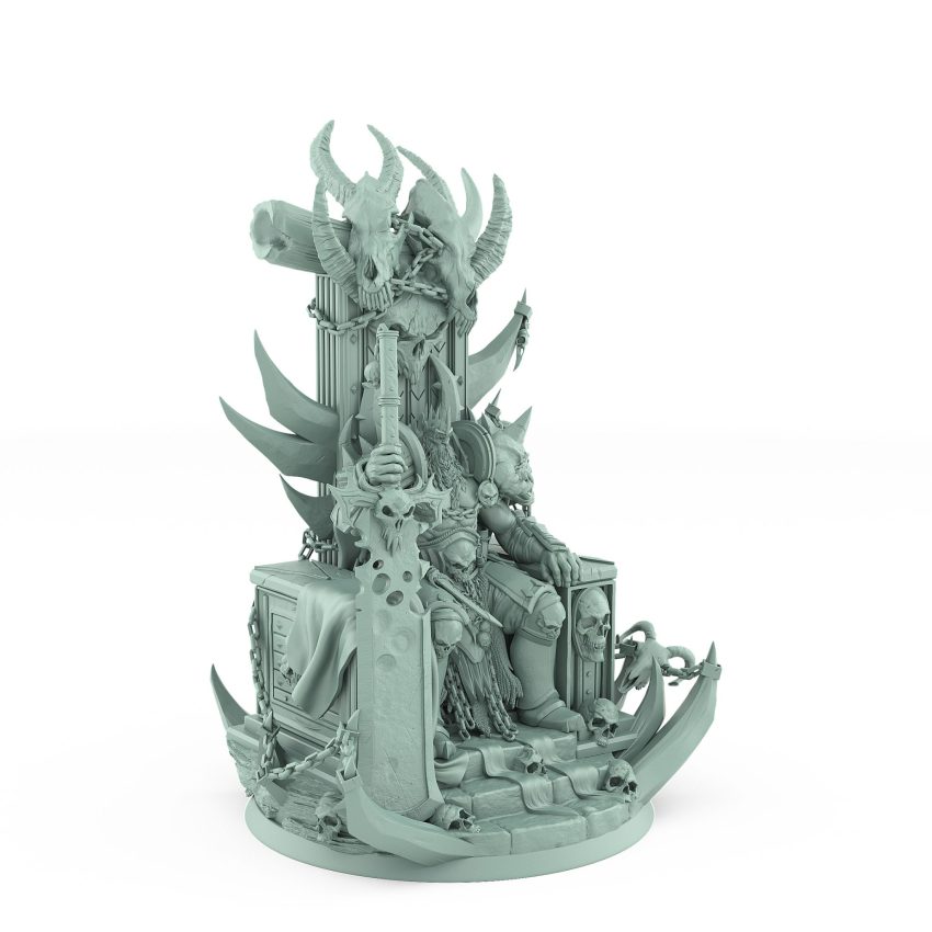 dark fantasy miniature of male warlord seated on a skull throne with greataxe from unchained collection