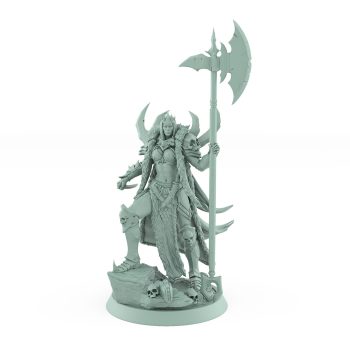 fantasy female warrior miniature with battle axe standing over stone in cape from unchained collection