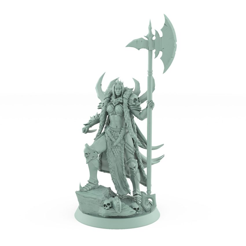 fantasy female warrior miniature with battle axe standing over stone in cape from unchained collection